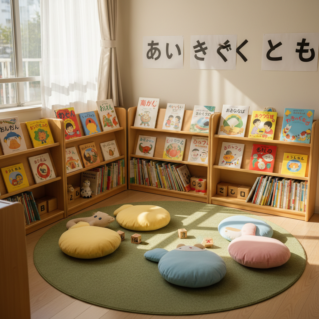 A cozy preschool reading corner in a Japanese-language kindergarten, captured in bright photographic realism. Low, natural-wood shelves hold neatly arranged picture books with colorful Japanese titles facing outward. A round, soft green rug anchors the space, surrounded by small, plush floor cushions in pastel yellows, blues, and pinks. On the wall, simple, friendly hiragana posters add a playful educational touch. Diffused afternoon light from a large side window bathes the area in a warm, gentle glow, softening edges and creating a calm atmosphere. Framed with a slightly elevated angle and balanced composition, every detail feels inviting, child-centered, and thoughtfully designed to encourage quiet exploration and a love of language.
