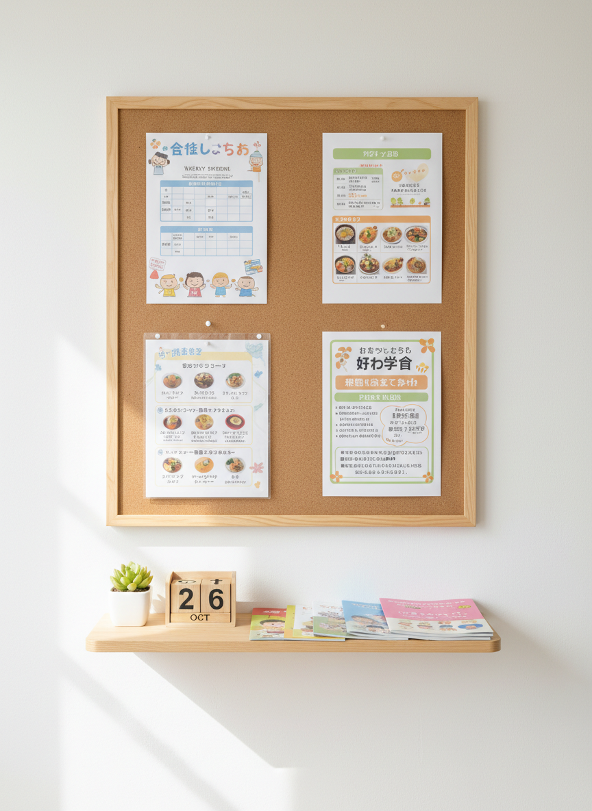 A welcoming information corner for parents in a Japanese preschool, rendered in realistic photographic style. A smooth, light-wood bulletin board hangs on a white wall, displaying neatly pinned schedules, lunch menus, and event flyers, all written in clear Japanese with occasional English subtitles. Below, a slender console shelf holds a small potted succulent, a wooden block calendar, and a stack of clean, colorful brochures about the school. Soft, indirect daylight from an unseen window creates gentle, natural shadows and a calm, organized atmosphere. Shot straight-on at eye level with crisp focus, the composition feels reassuring, transparent, and professional while still reflecting a warm, playful early childhood setting.