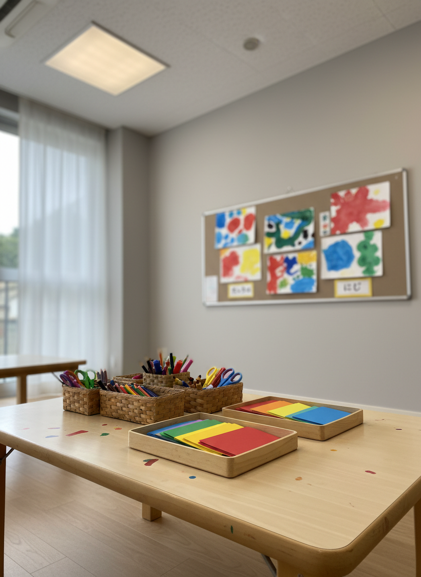 A cheerful classroom art and craft station in a Japanese immersion kindergarten, captured in bright, clean photographic realism. A low, pale birch table is neatly arranged with small baskets of colored pencils, chunky crayons, and safety scissors, alongside shallow trays of origami paper in rainbow hues. On the wall behind, a simple display of children’s artwork features bold, abstract shapes with little handwritten Japanese labels beneath each piece. Overhead, soft, even LED panel lighting combines with indirect daylight from a side window, giving the room a fresh, airy feel. Photographed at a three-quarter angle with moderate depth of field, the image emphasizes tidy organization, creativity, and the joyful, playful personality of the school.